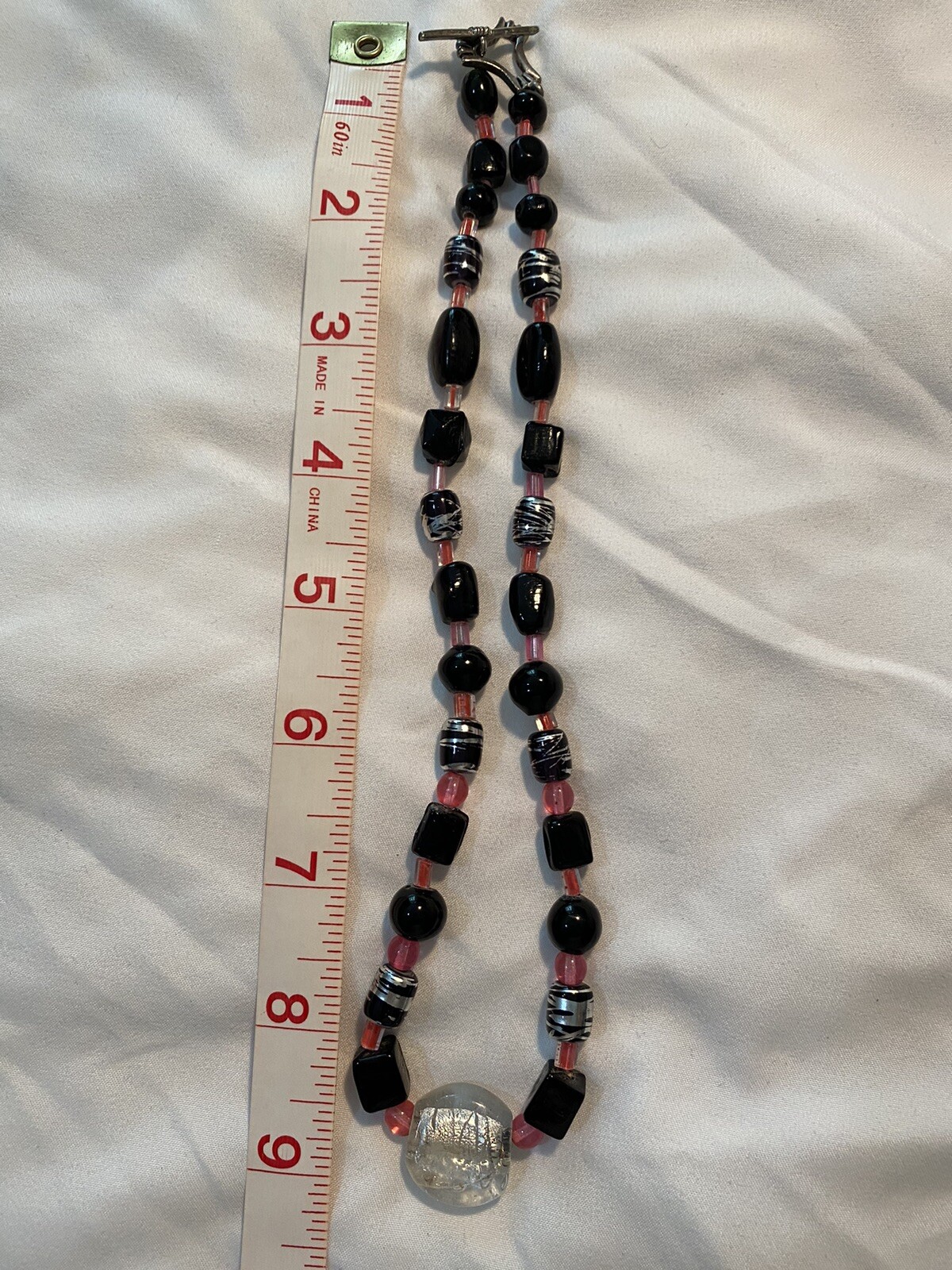 Black Pink And Silver Glass Beads With White Glass/foil Pendant Necklace, 9 in.