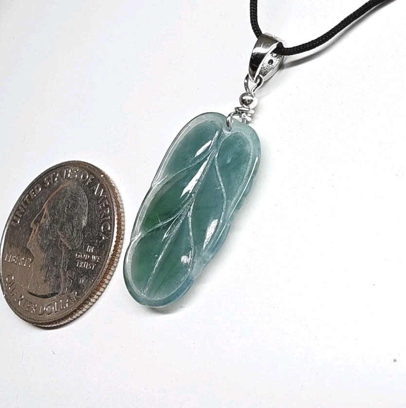 Certificated Jade Leaf Pendant Blue Icy Jadeite translucent 蓝绿冰种翡翠A货 叶子 大业有成