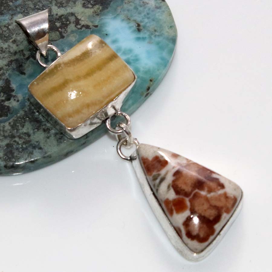 925 Silver Plated Long Natural Garnet In Limestone Calcite Pendant 2.4″ MJ