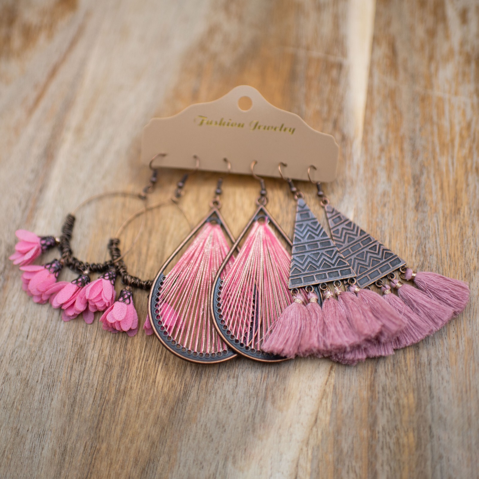 3 Pairs/Set Bohemian Boho Pink Earrings Hook Drop Dangle – Tassle, Loop, Trendy