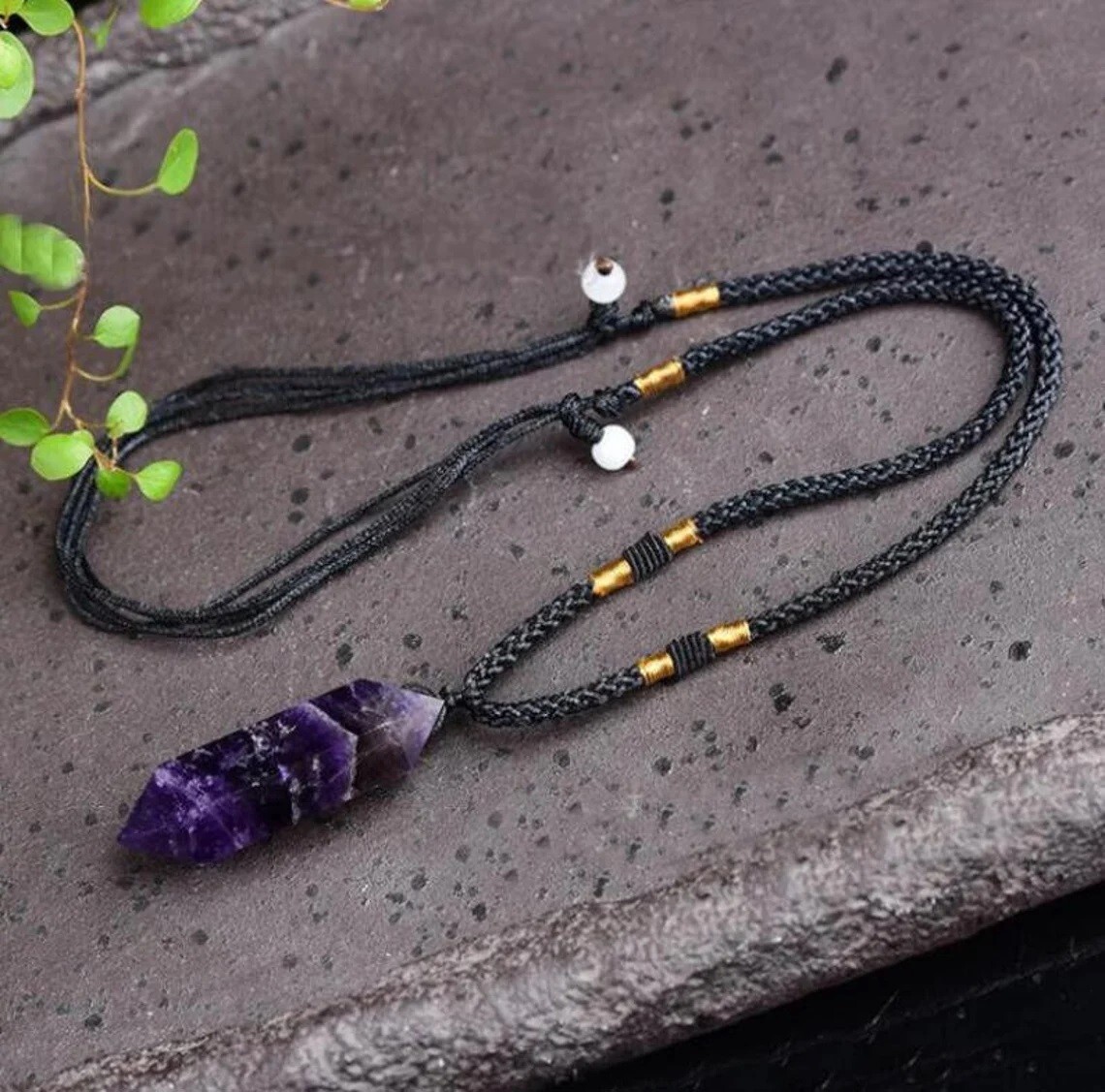 Natural Amethyst Crystal Hexagon Point Pendant Necklace Purple Gemstone Charm