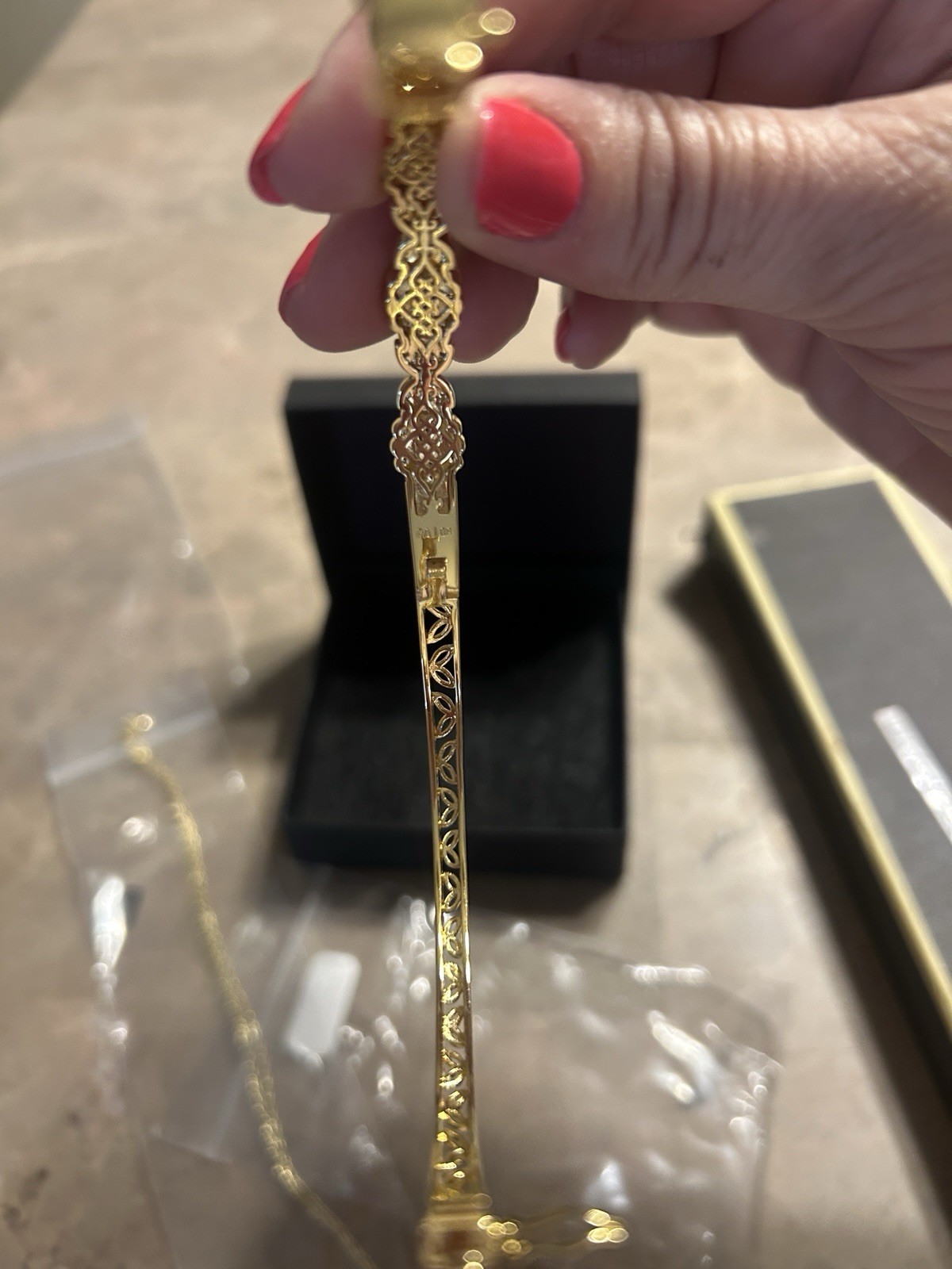 Gold Tone Hinged Bangle Bracelet w/ Round Clear Stones, Prong Set Metal