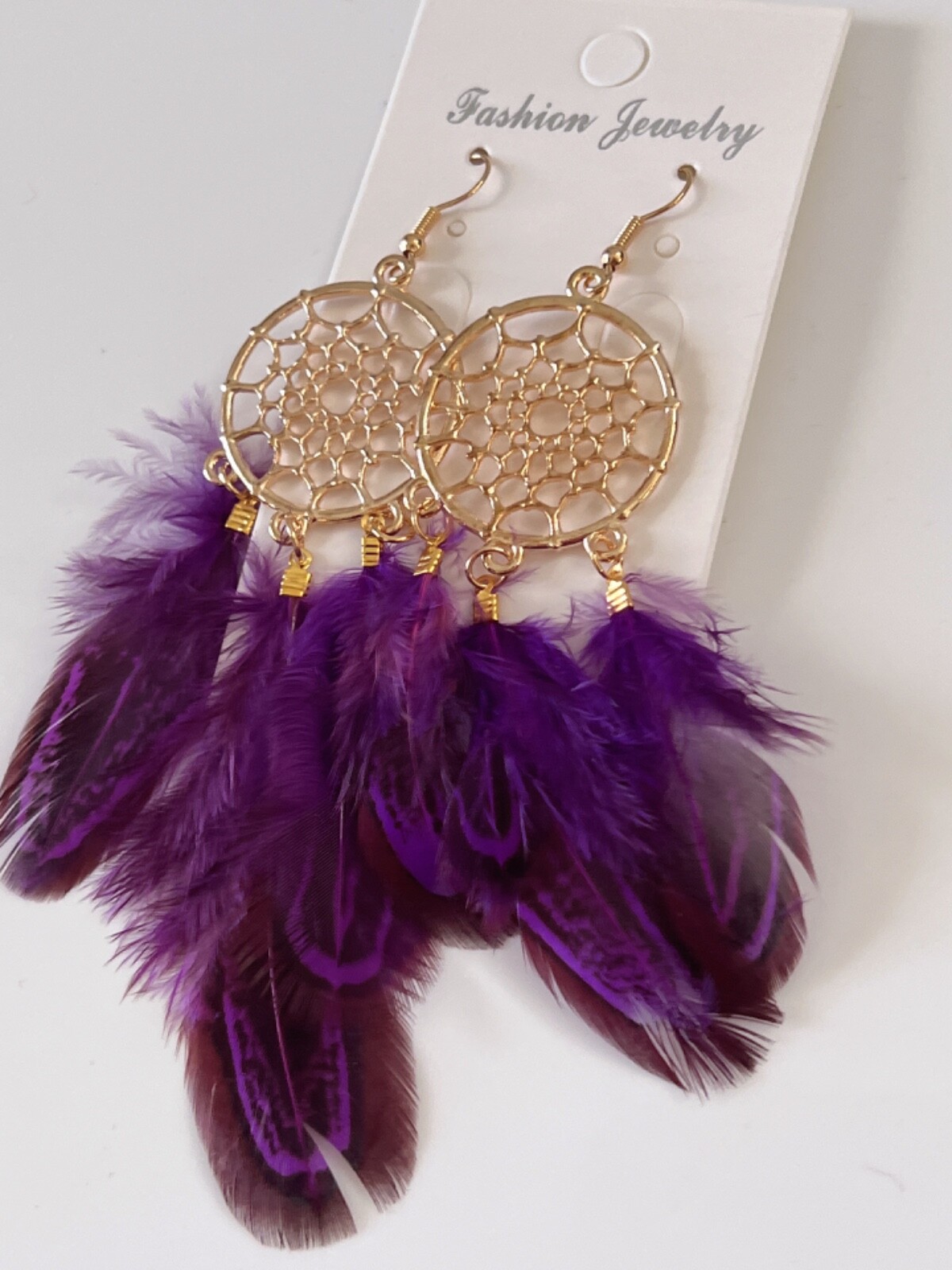 NEW Women Boho Ethnic Dark Purple Feather Dream Catcher Net Dangle Drop Earrings