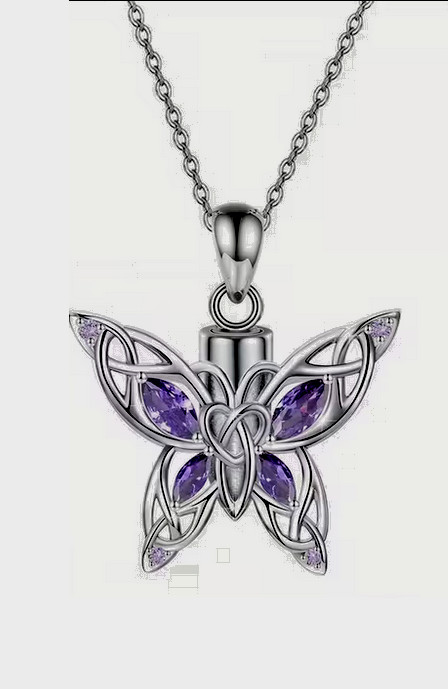 CZ PURPLE BUTTERFLY MEMORIAL URN ASHES CHARM 24″plated 925 Sterling Silver Chain