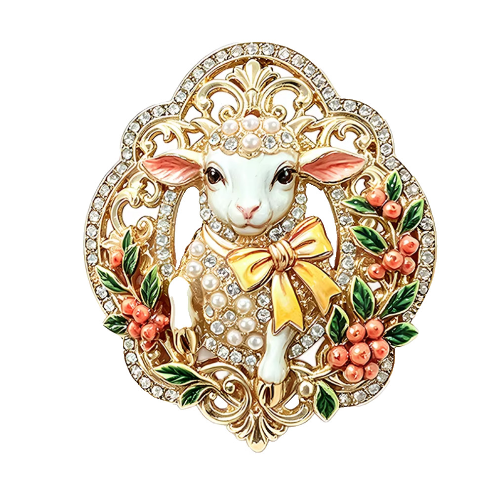 Rhinestone Sheep Brooch Pearl Rhinestone Lamb Pin Gold Tone Animal Jewelry Gift