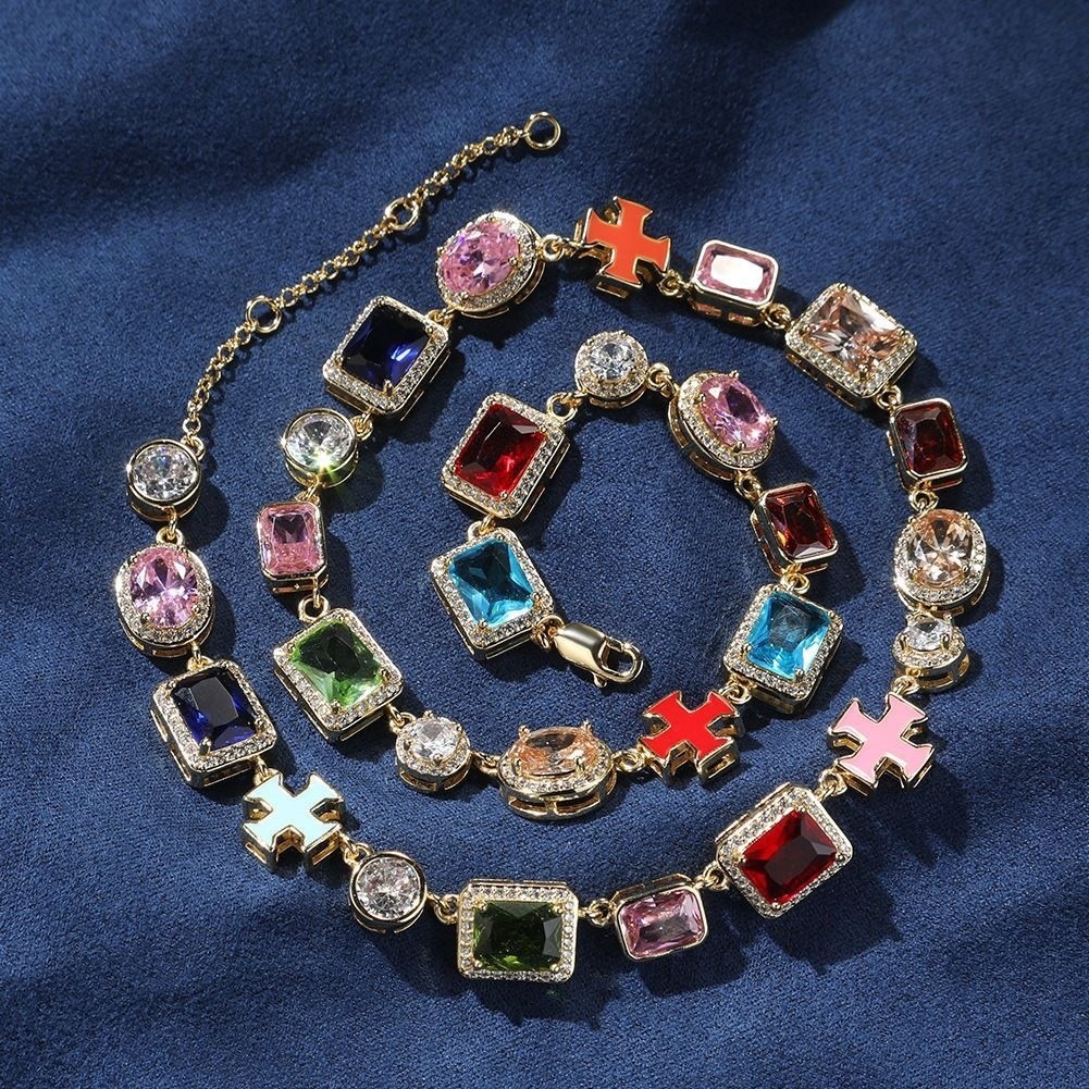 19in Luxury Colorful Gemstone Necklace Gold Geometric Crystal Chain Jewelry Gift