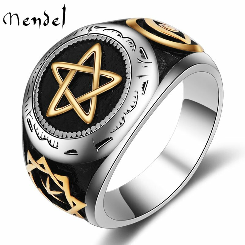 MENDEL Mens Stainless Steel Illuminati Satanic Pagan Pentagram Ring Size 7-15
