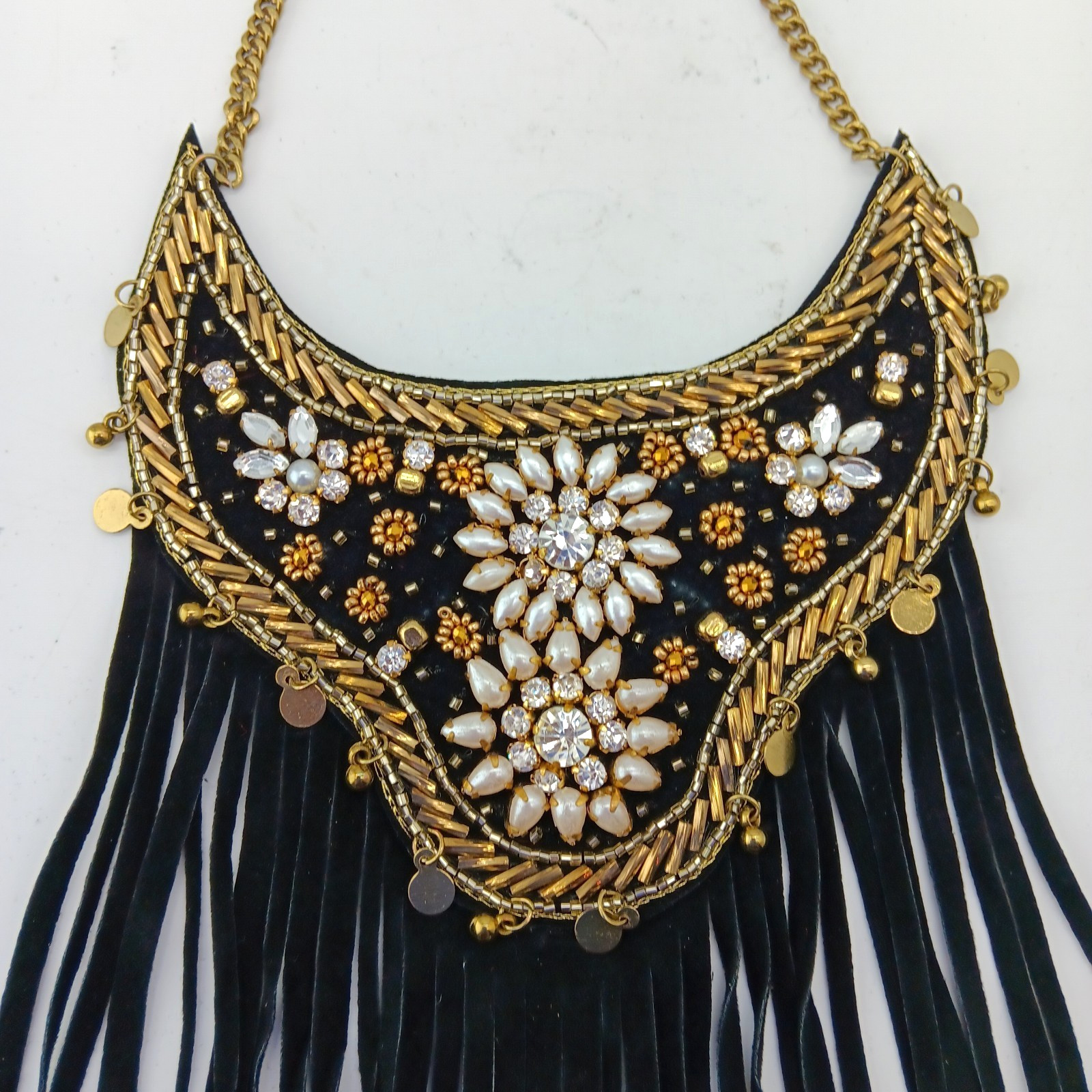 Black Tassles Fashion Necklace Bib With Rhinestones Beaded Gold & Pearl Accents