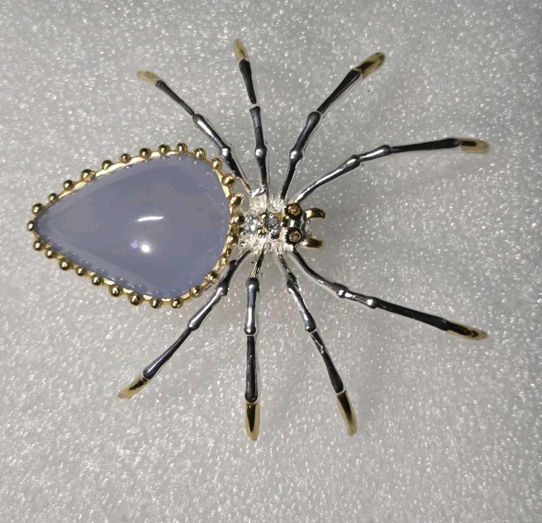 Handmade Natural Chalcedony Spider 925 Sterling Silver Brooch 2094
