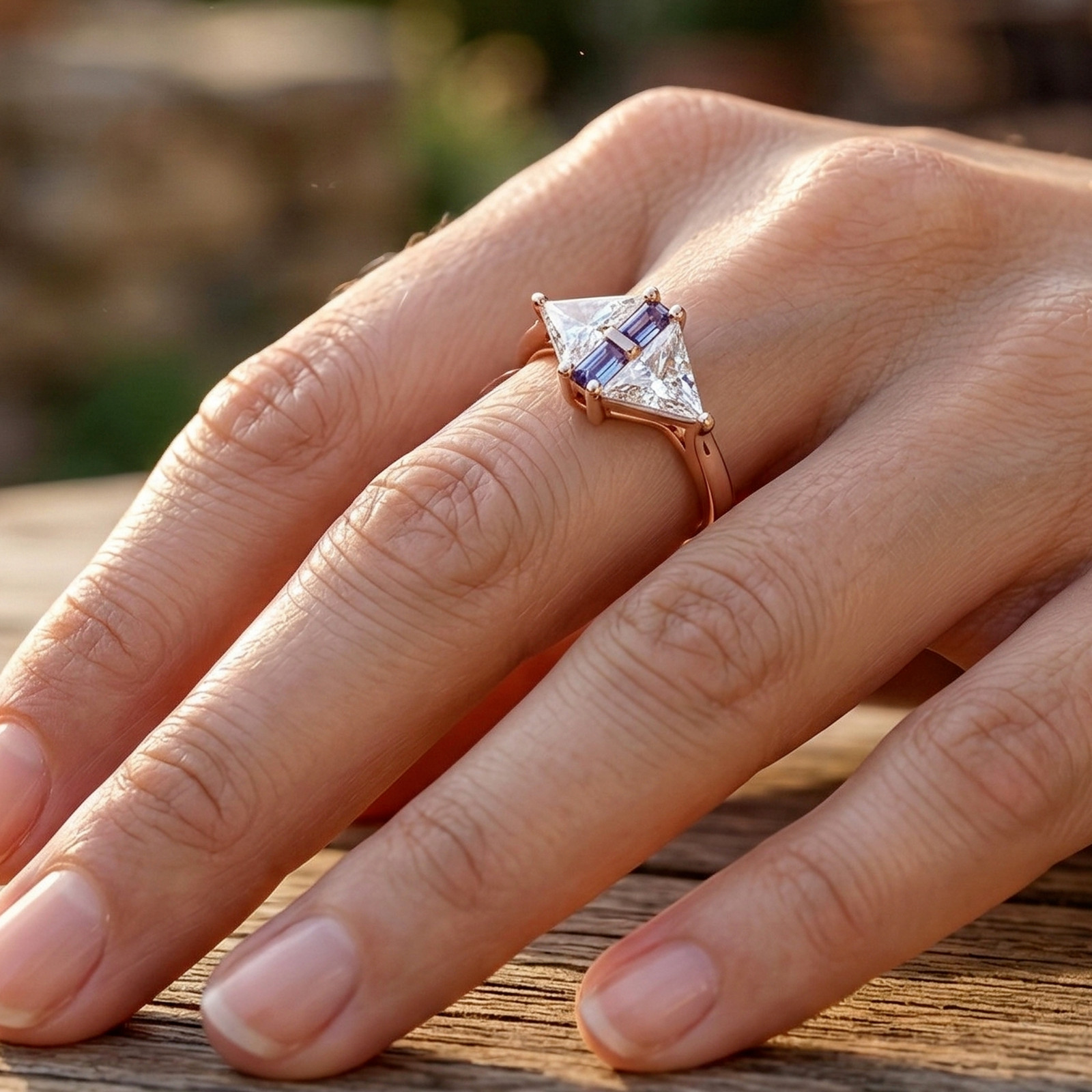 925 Sterling Silver Trillion Cut Moissanite & Baguette Sapphire Handmade Ring