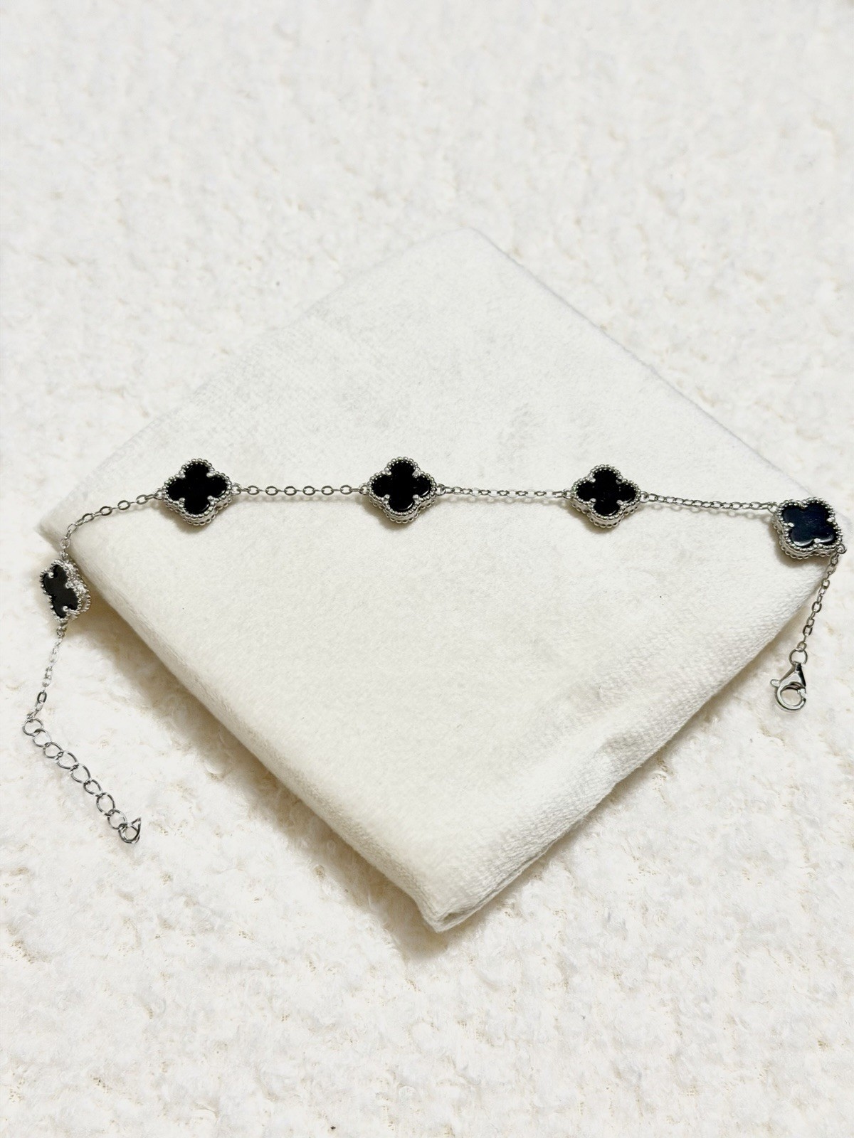 925 Sterling Silver Bracelet Black Clover Adjustable 7-8 inch Lobster Clasp