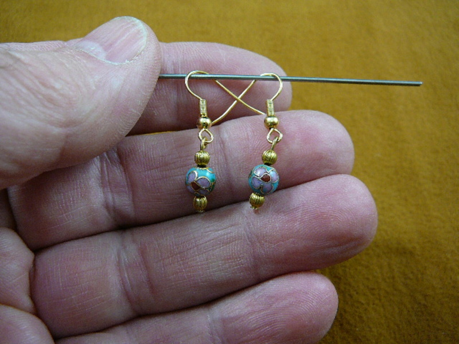 (ee610-1) Turquoise blue pink flower CLOISONNE one bead dangle EARRINGS Jewelry