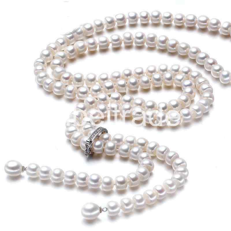 900mm vintage real long freshwater white pearl necklace