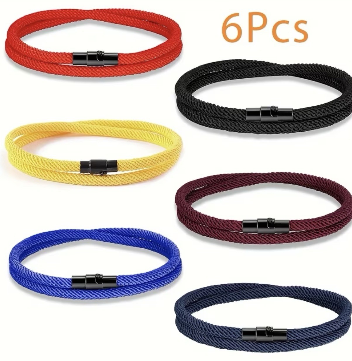 6pcs Men’s wrap bracelet set, magnetic closure, rope alloy, 4mm/19.5 cm