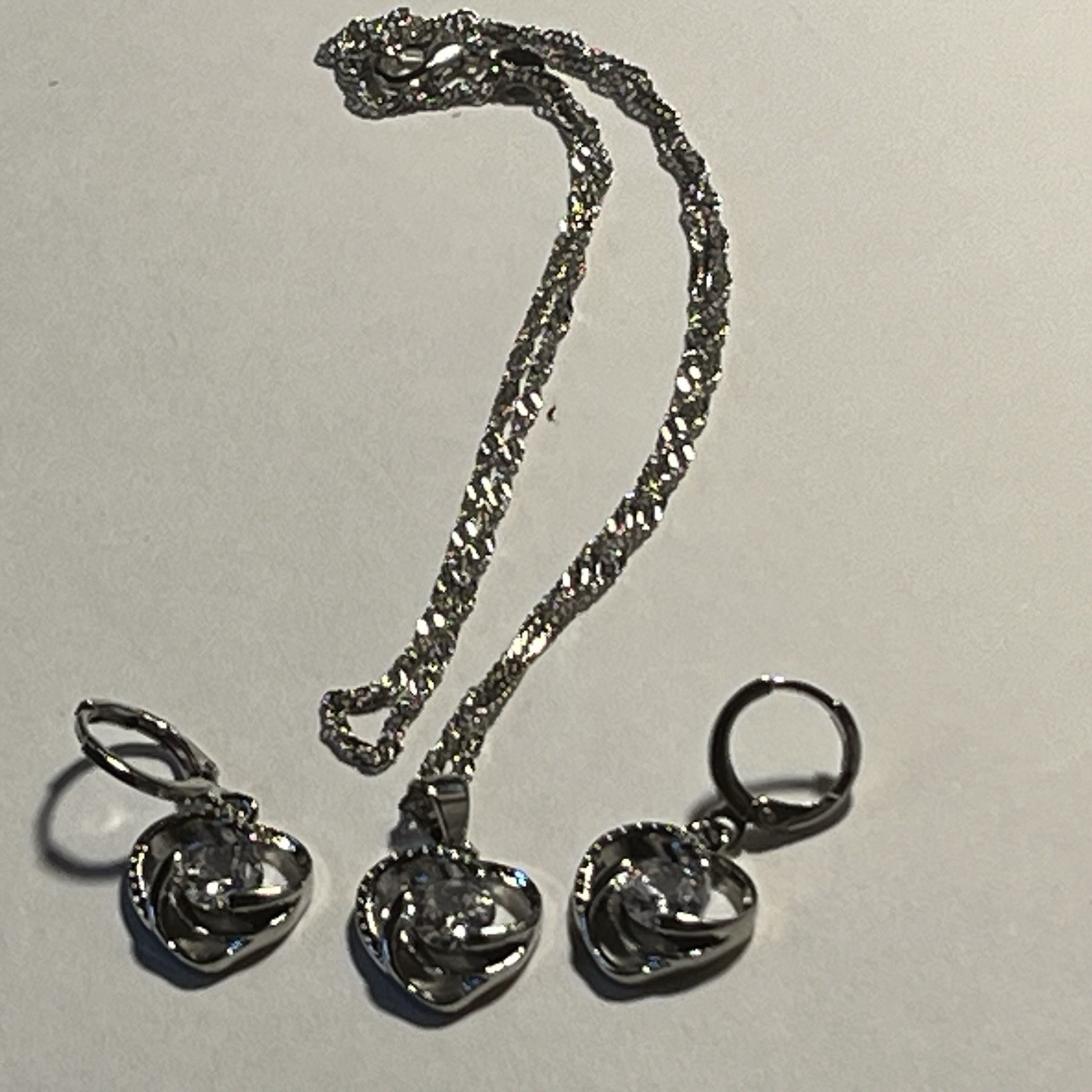 925 Sterling Silver Heart Necklace with Matching Earrings Cubic Zerconia Set New