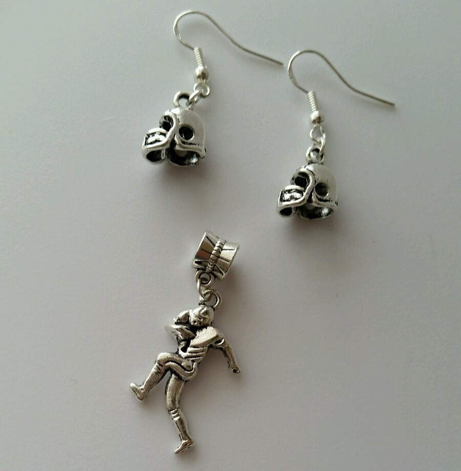 Football Helmet Charms Sterling Silver Ear Wire Earrings And a Player Dangle