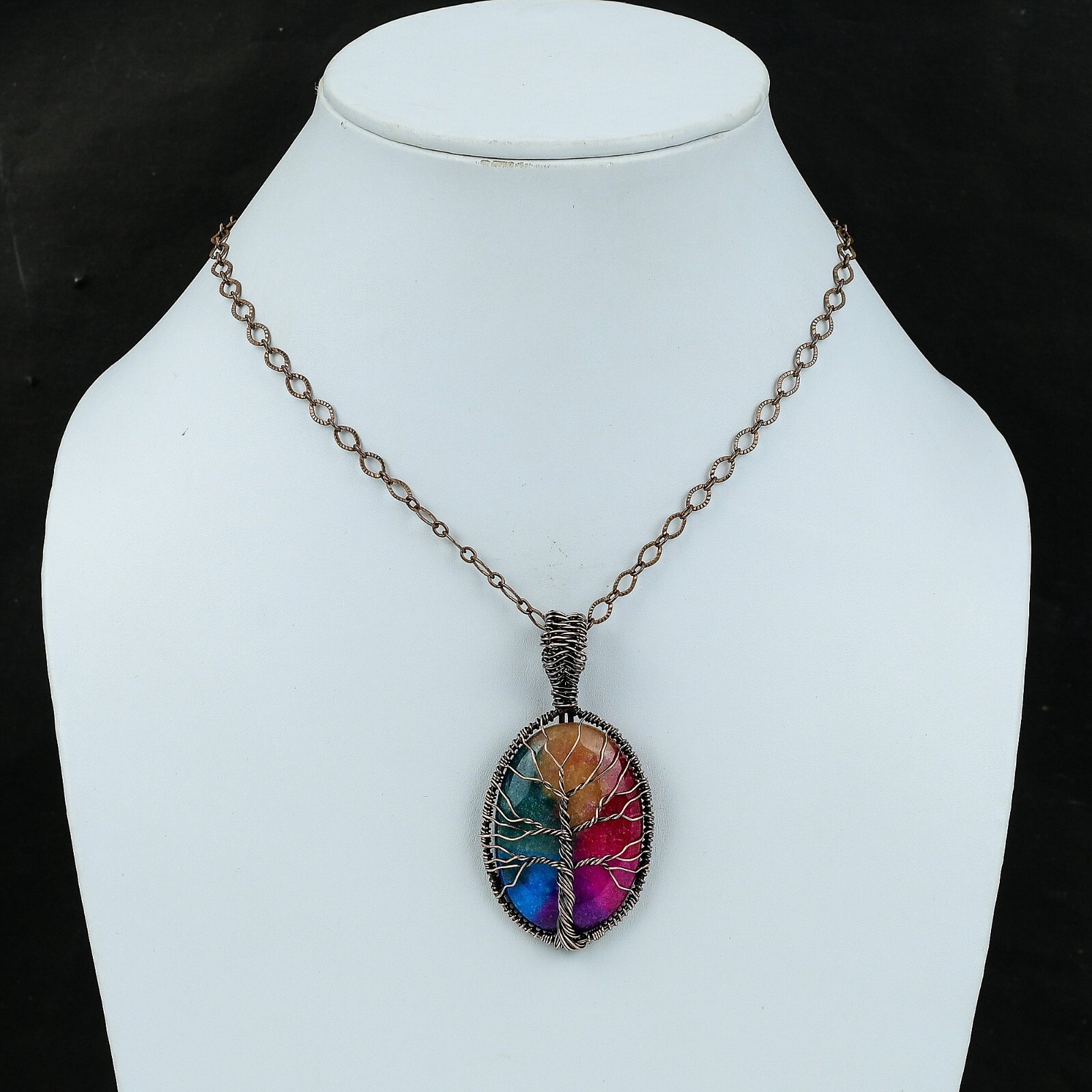 Rainbow Solar Quartz Druzy Copper Wire Wrapped Tree Of Life Pendant 2.56″