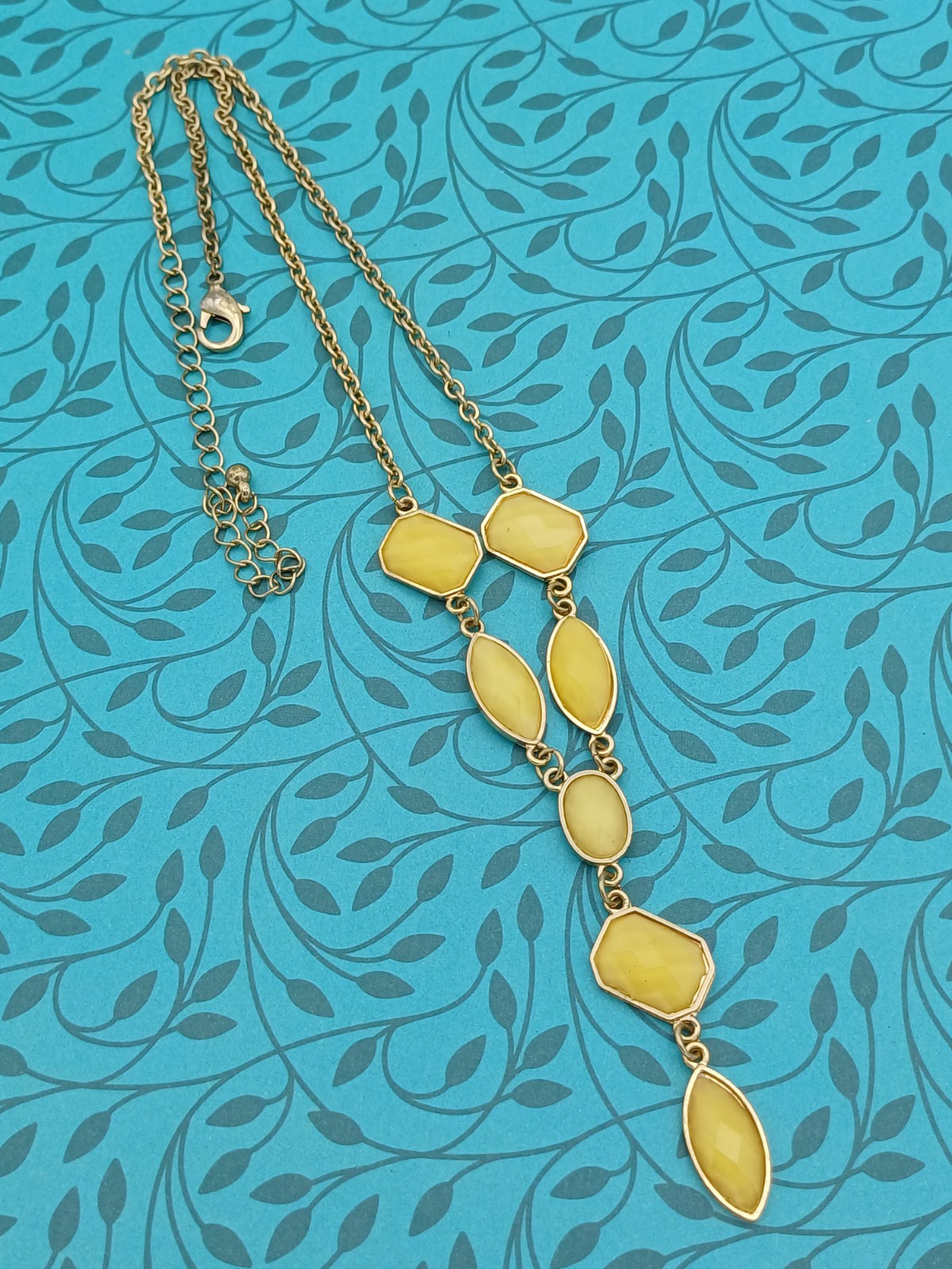 Modern Beautiful Gold Tone & Yellow Mixed Shaped Gem Y Drop Chain Necklace