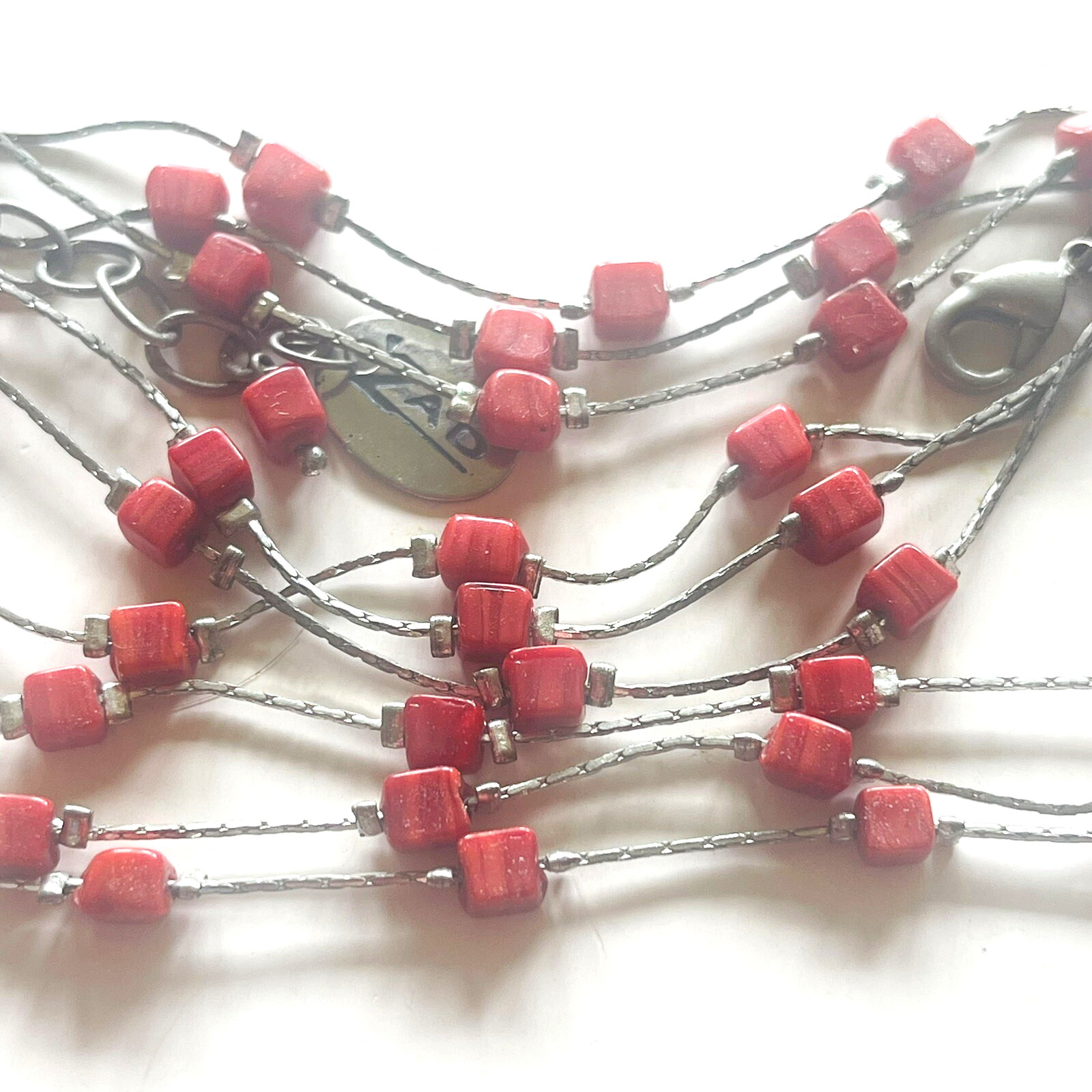 ZAD Beaded Multi Strand Red Stone Silver Tone 16″ Necklace 2.5″ Extension
