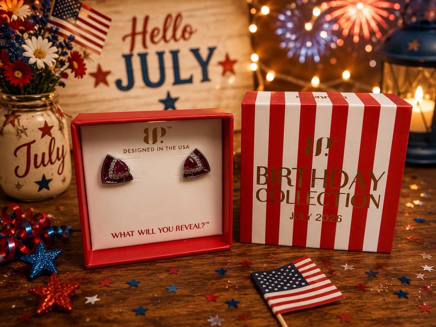 BP Birthday Triangle Stud Earrings Red Cubic Zirconia Pavé Setting Silver