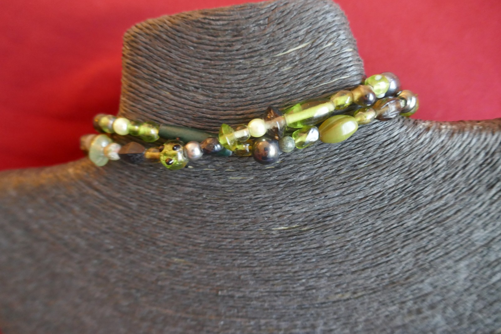 40″ Long Necklace Green Copper Gold Large Abstract Shapes Acrylic & Glass Beads