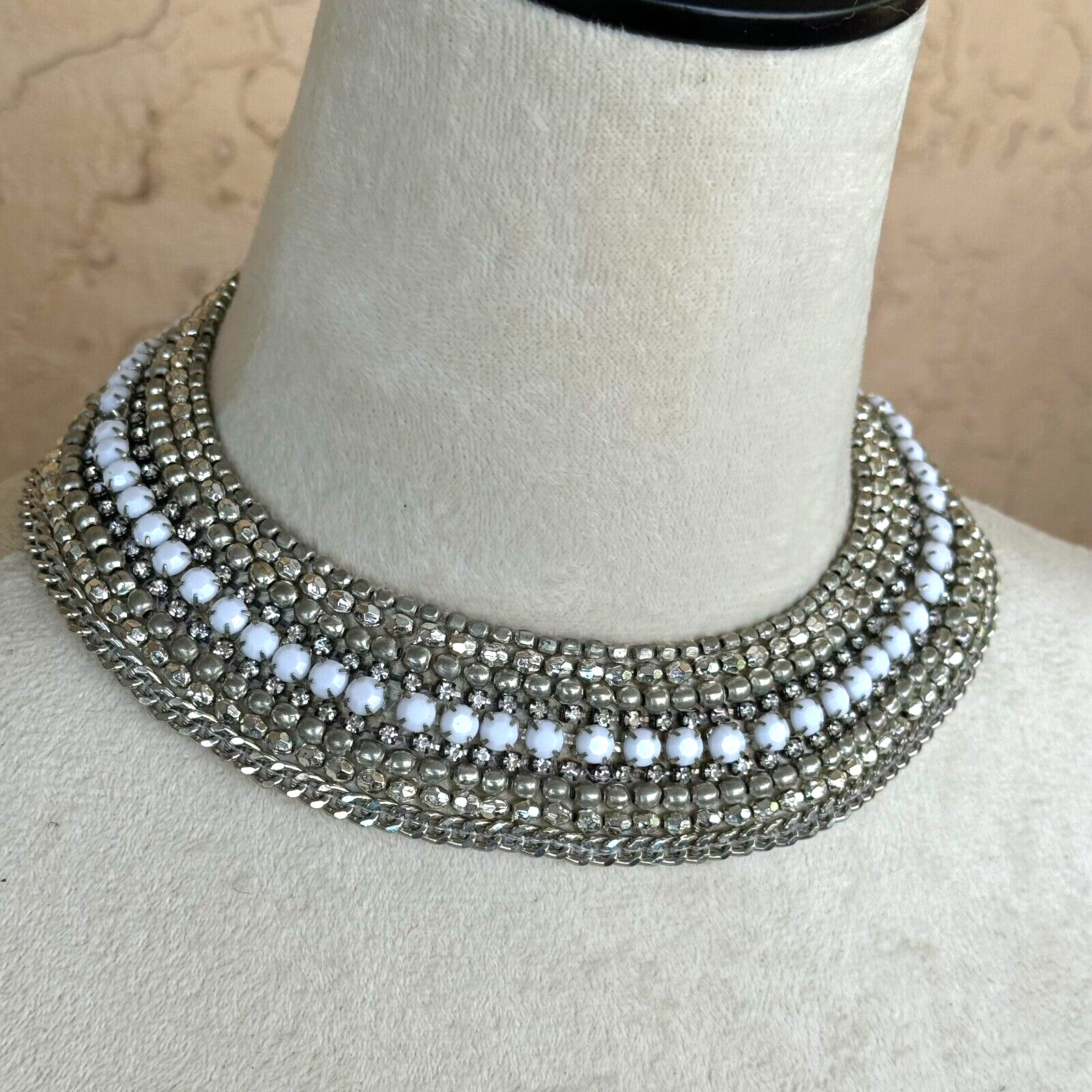 Chico’s Silvertone White Metal Plastic Stones Adjustable Chocker Collar Necklace