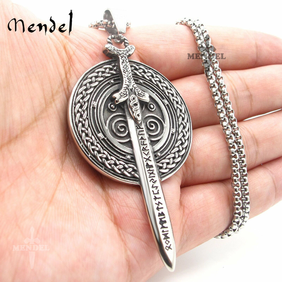 MENDEL Mens Stainless Steel Nordic Norse Viking Odin Shield Pendant Necklace Men