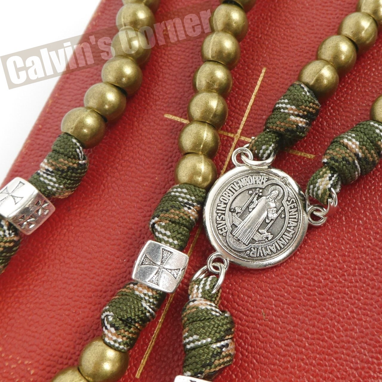 St Benedict Paracord Rosary Necklace Army Green Metal Bead Crucifix Cross 20″