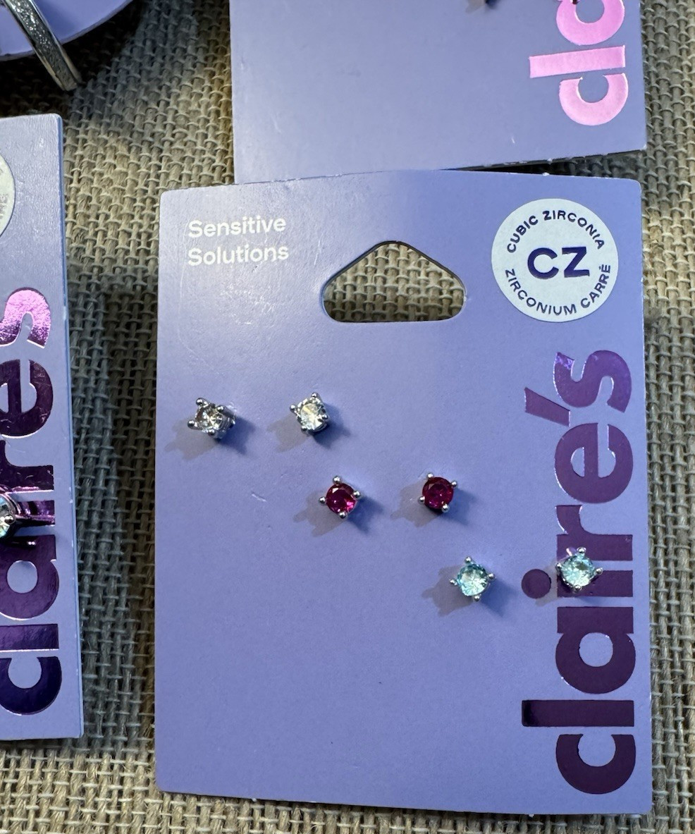 CLAIRES Sensitive Solutions Pierced Earring Cards Lot of 4 cards 12 pairs NWT #7