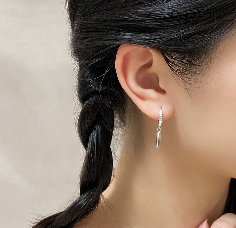 925 Sterling Silver Dangle Column Bar Round CZ Huggie Small Hoop Earrings PE3