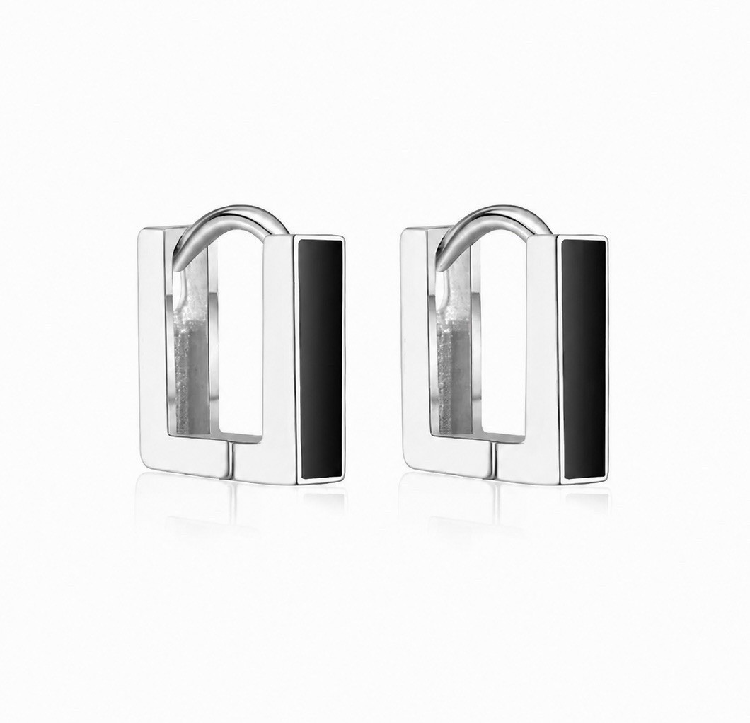 925 Silver Black Rectangle Hoop Earrings Unisex Geometric Square Hoops 083