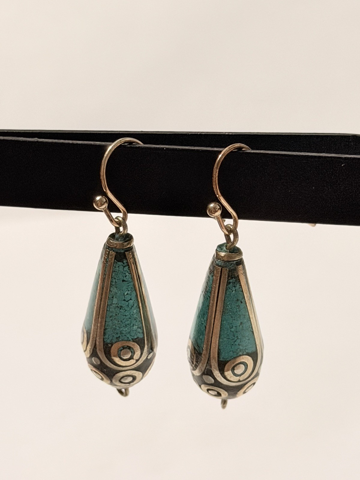 Ten Thousand Villages Mosaic Teardrop Earrings Turquoise Inlay Nepal Fair Trade