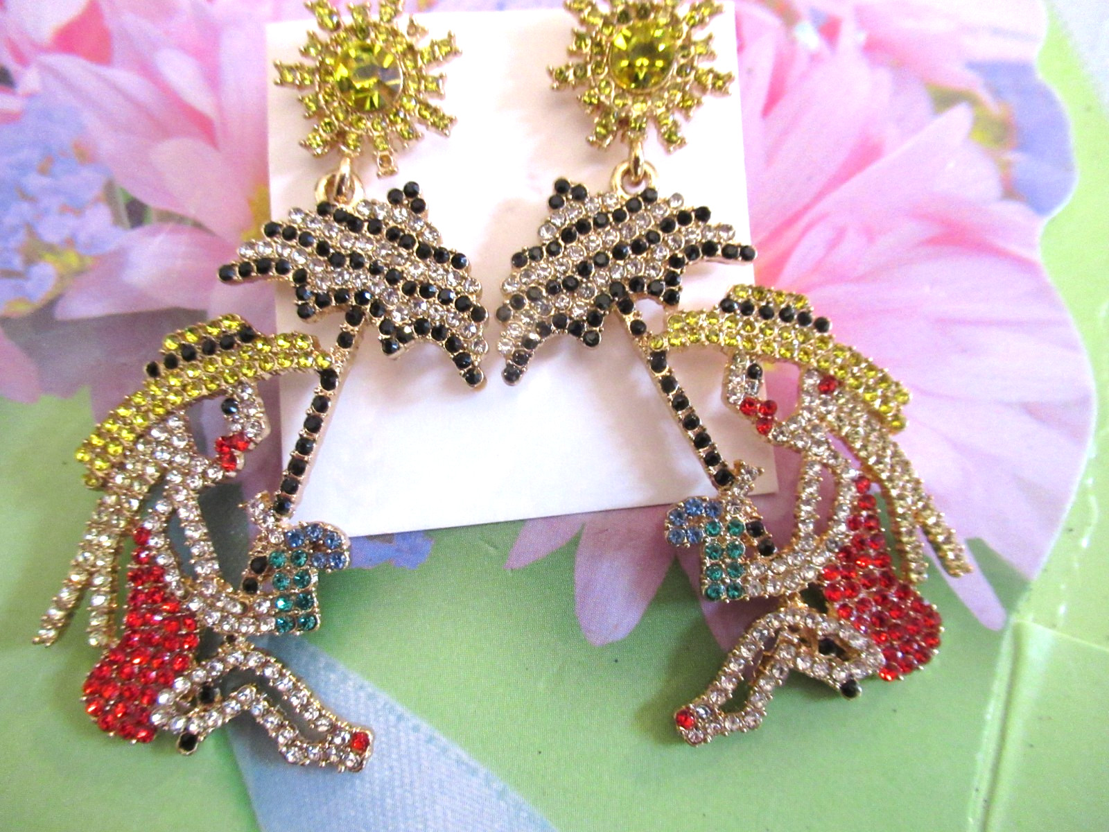 Designer Inspired Pool Party Beach Lady Drink Sun Dangle Earrings Crystal NWT