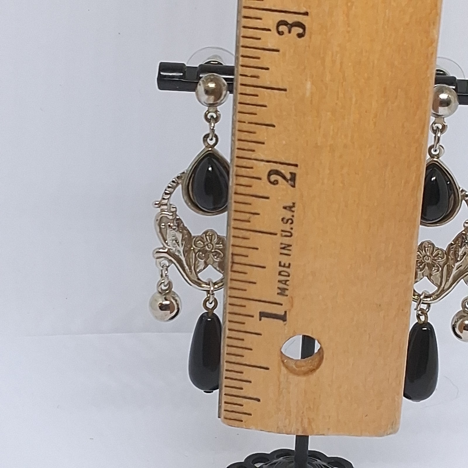 Vintage Silver-tone W/ Black Beaded Chandelier Drop Dangle Post Pierced Earrings