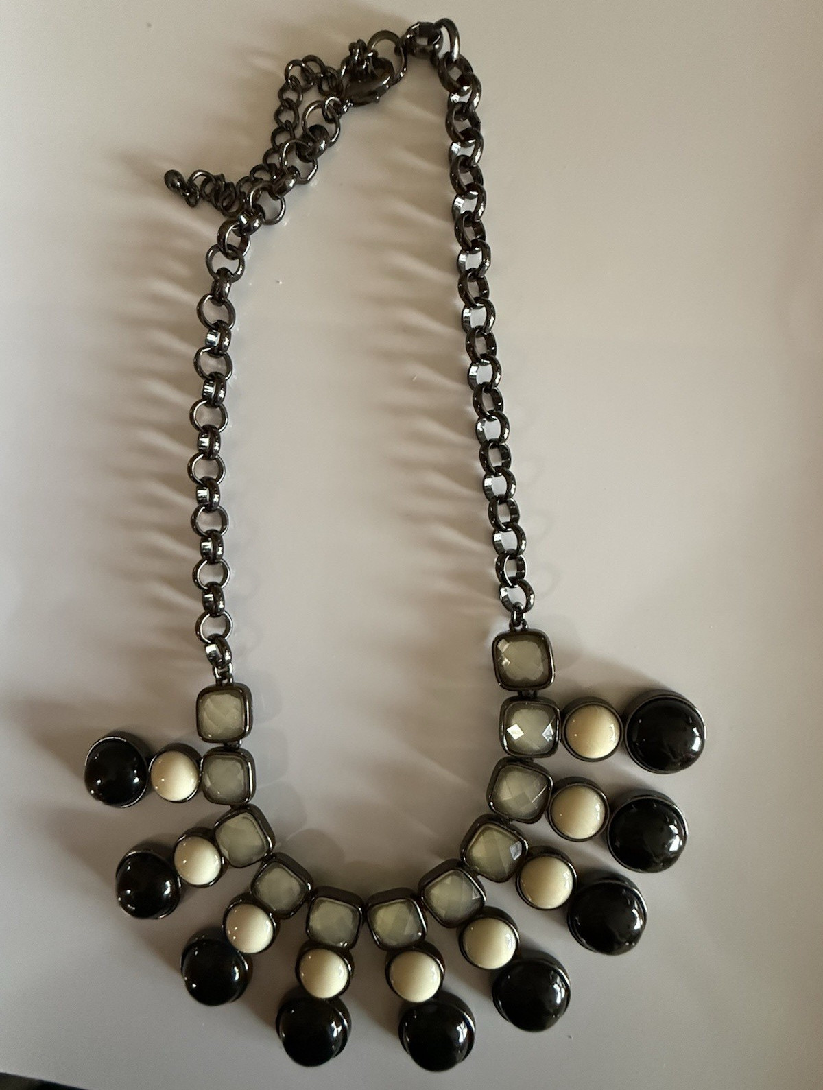 Black Gray White Plastic Cabochon Bib Statement Necklace Cable Chain Lobster