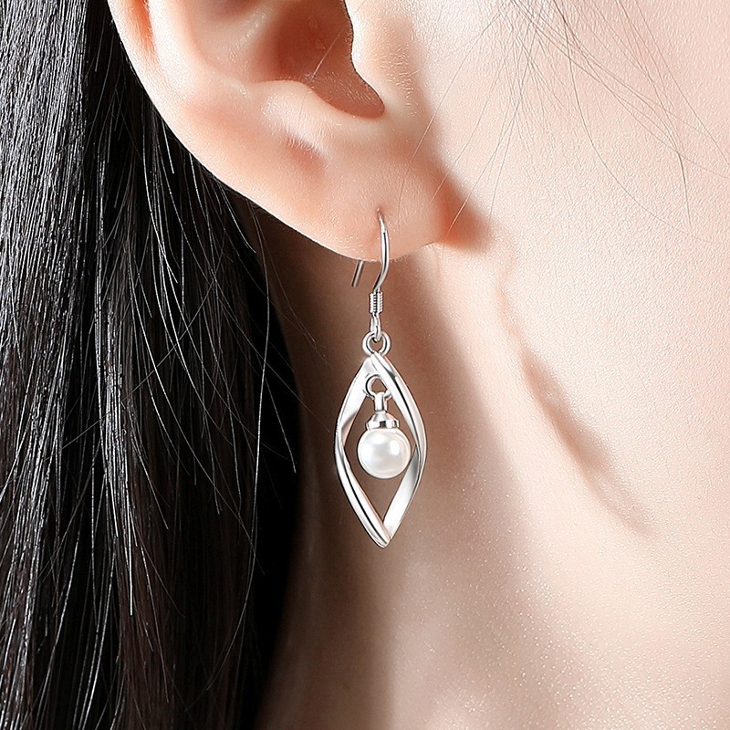 Elegant Open Twist Leaf Dangle Earrings Pearl Hanging Silver Plated Drop Earring