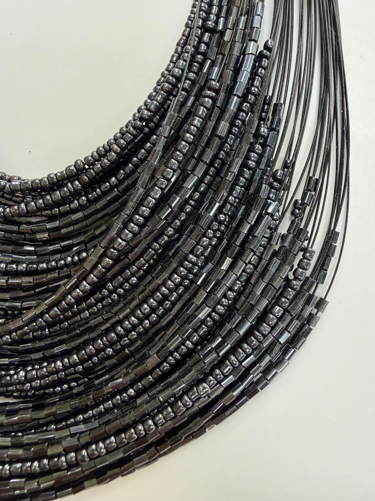 Black Bead Necklace multistrand layered glass tube and seed beads boho 15″