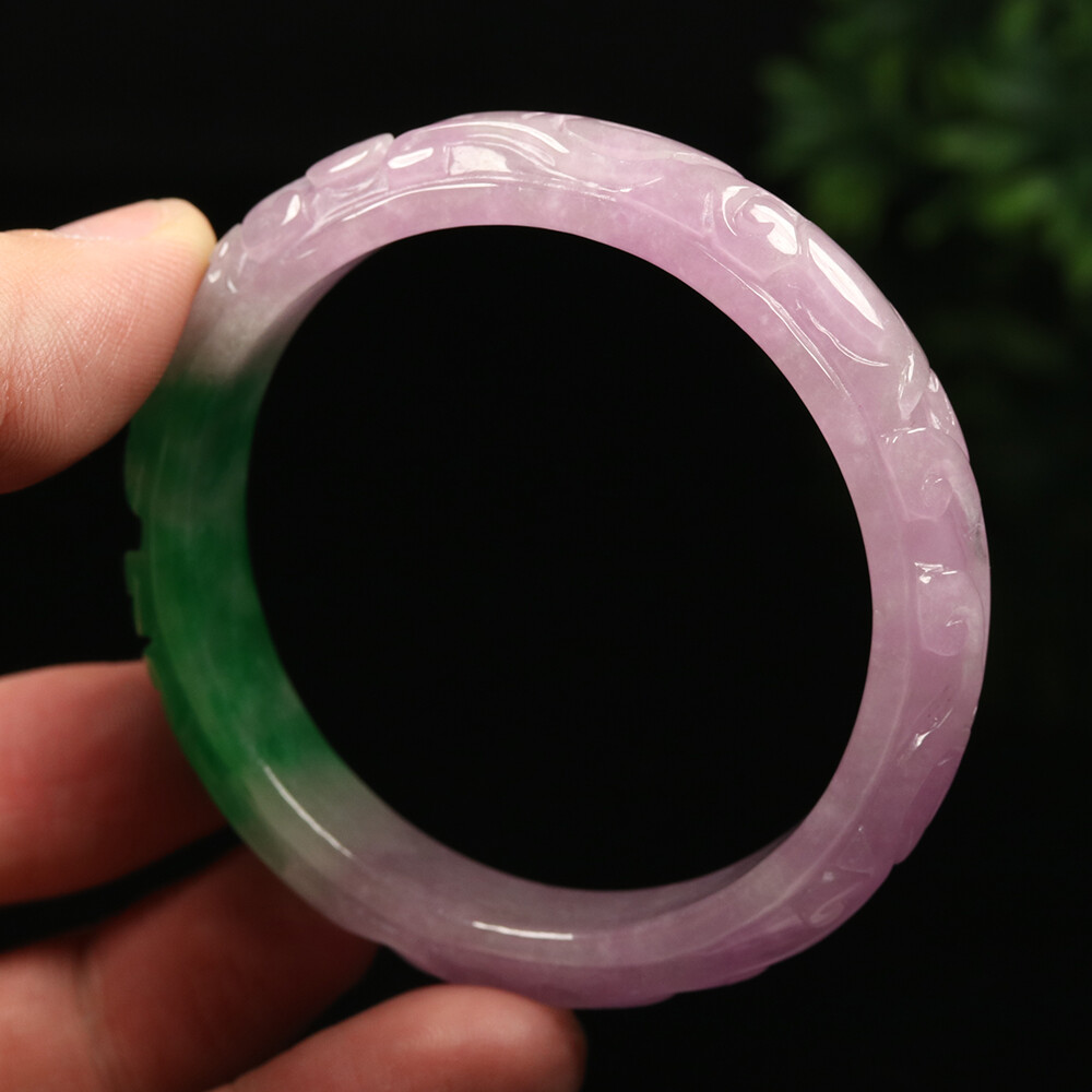 55mm Lavender Purple Green Jadeite Jade Bracelet Bangle Ruyi Flower A-11675