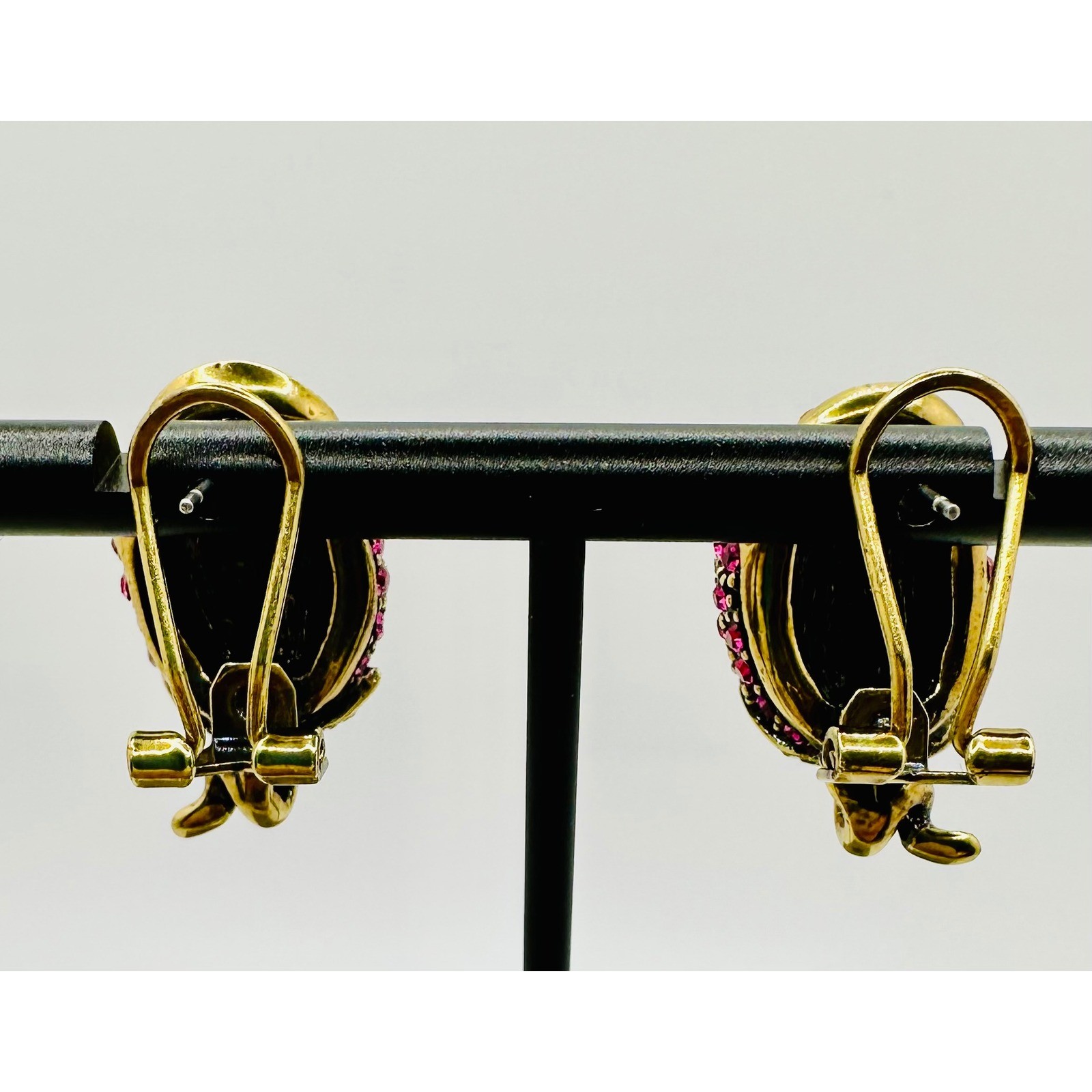 Heidi Daus Rose Bud Crystal Omega Back Earrings Pink Fuchsia Bronzetone Floral