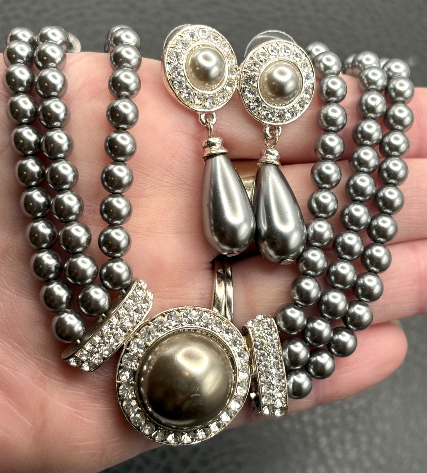 Deco Style Gray Pearl Multi-Strand Necklace Earrings Set Rhinestone Silver Tone