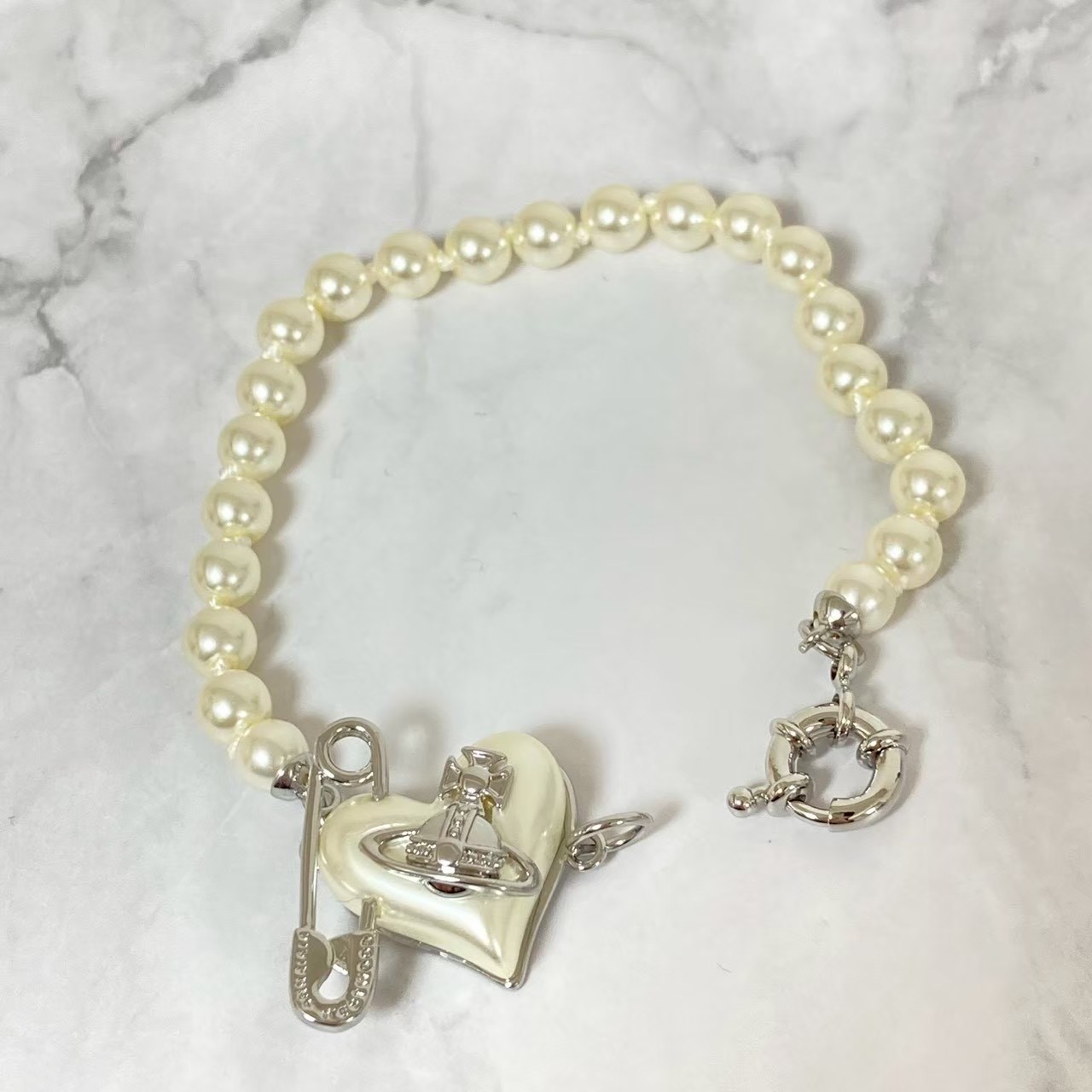 Vivienne Westwood Bracelet ORIETTA Pearl Heart Silver 19.5cm w/Pouch NO BOX