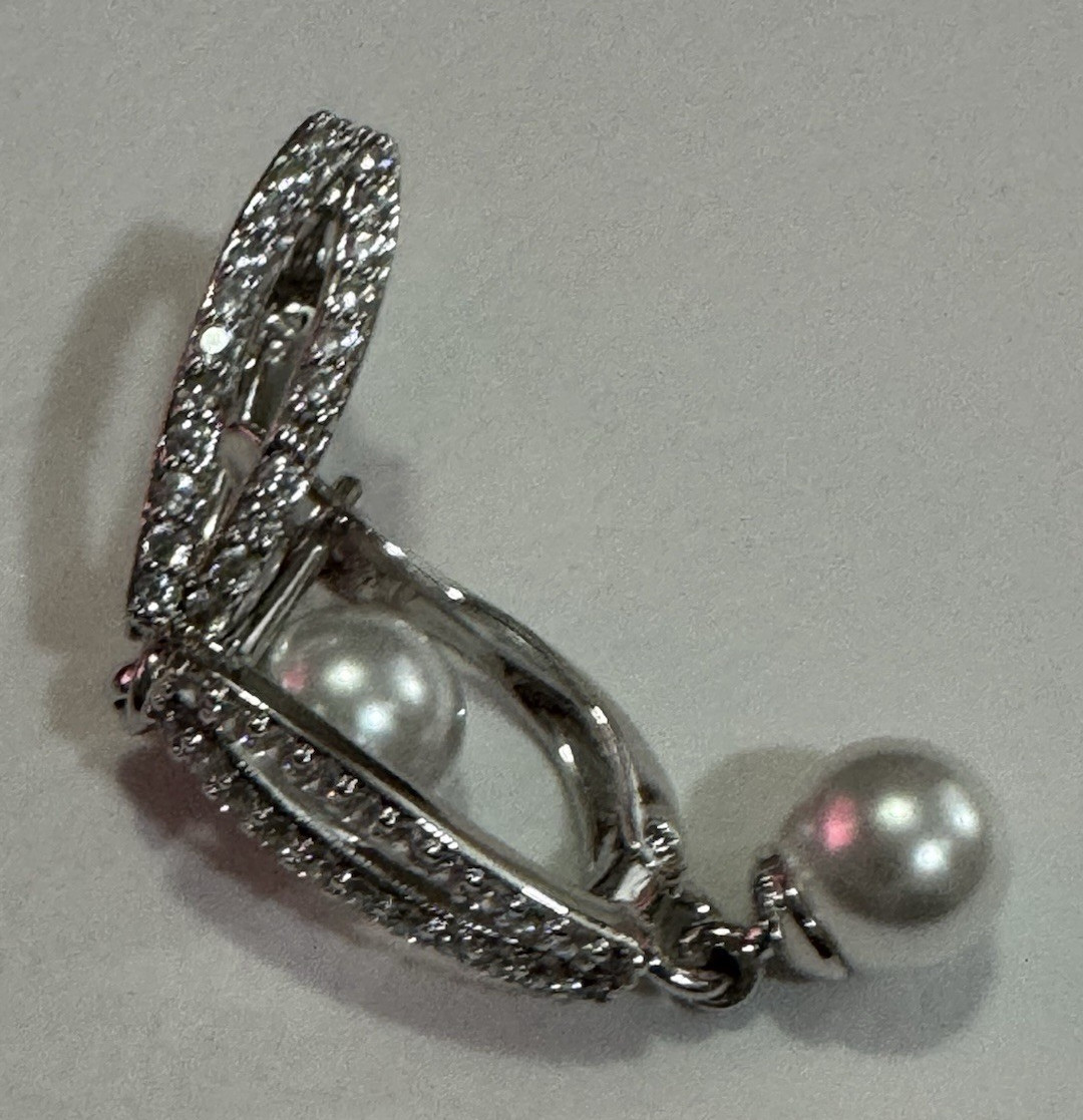 Silver-Tone Leverback Dangle Earrings w/ Pavé CZ & Round Pearl Drop