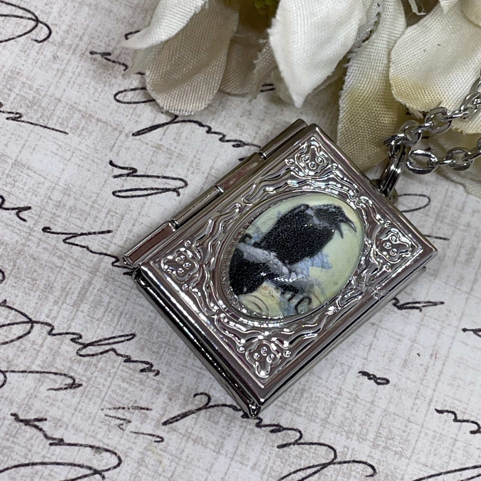 Black Gothic Raven Silver New Pendant Locket Necklace Crow Photo Book birthday