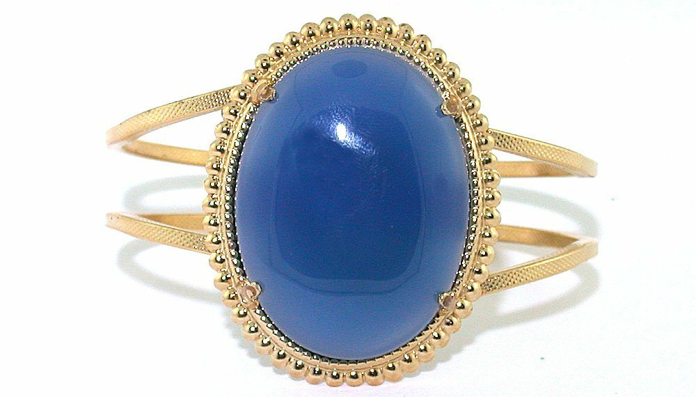 40×30 Blue Onyx Agate Cabochon Spring Load 7 1/2 Inch Goldplated Cuff Bracelet