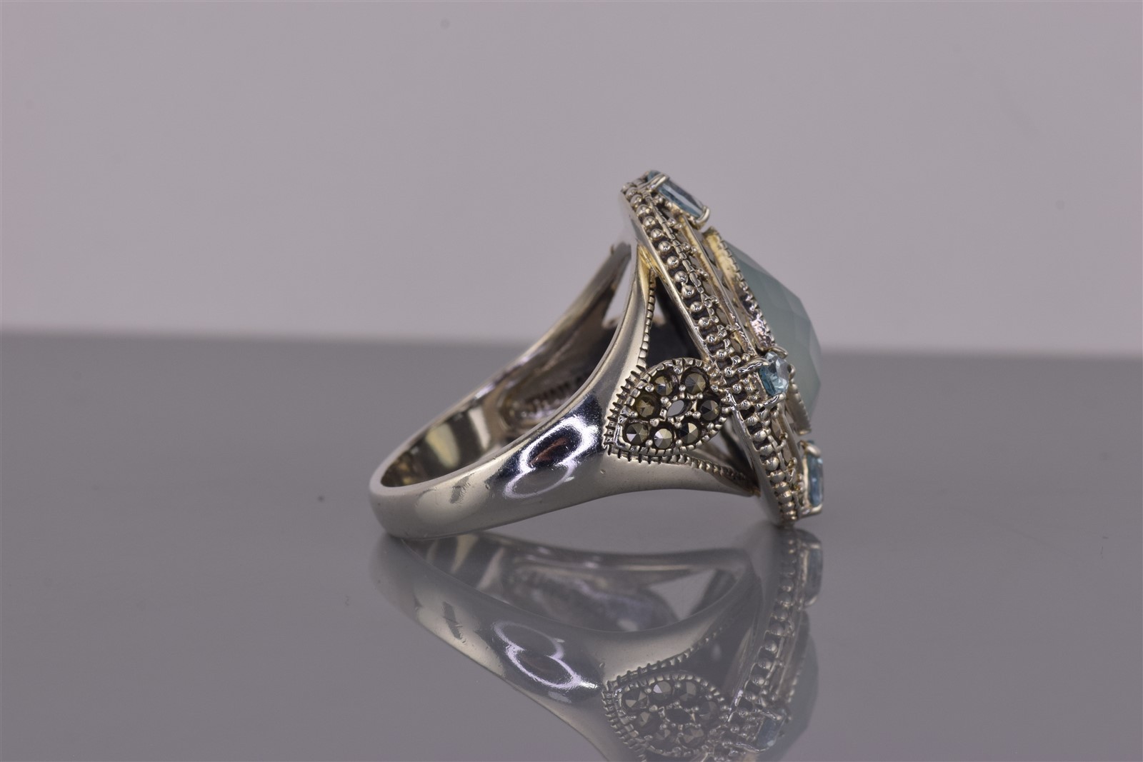 Sterling Silver 26mm Faceted Moonstone Topaz Marcasite Band Ring 12g 925 Sz: 12