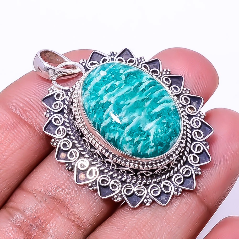 Natural Amazonite Mines Fine Art 925 Sterling Silver Pendant 1.76″ P939520511