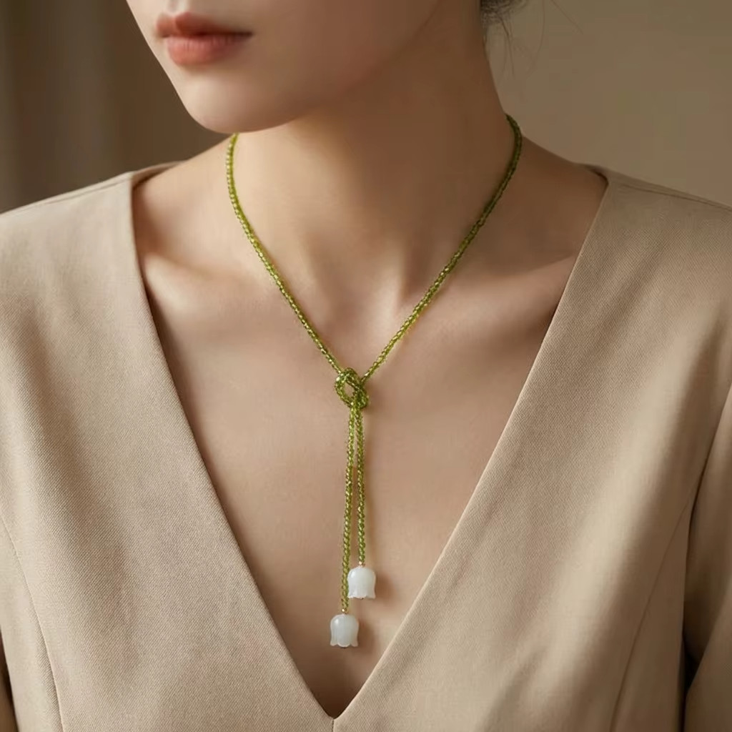 Olive Green Crystal Beaded Double Layer Lily of the Valley Necklace for Women
