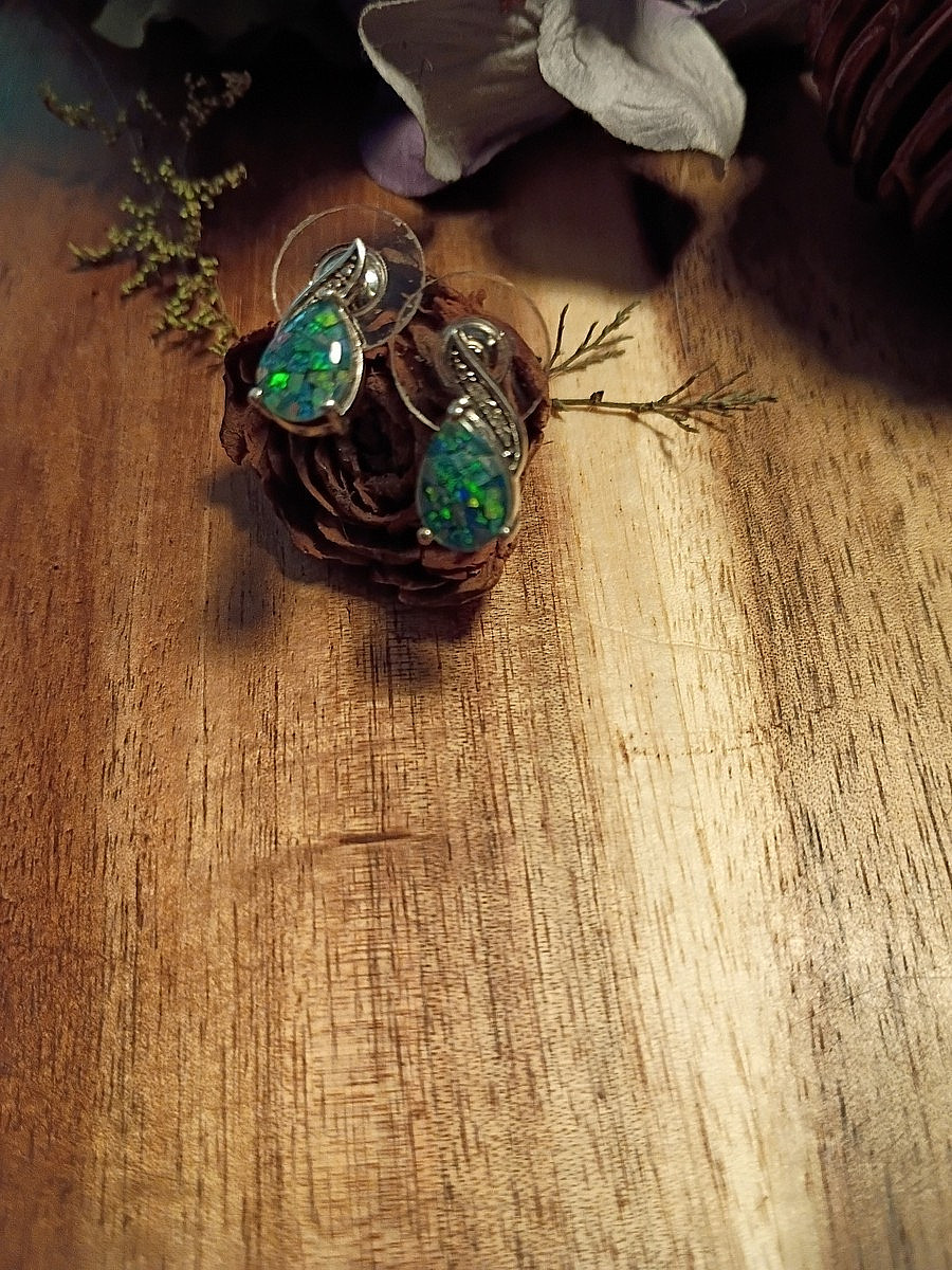 Vintage Mosaic Fire Opal Teardrop & Rhinestone 925 STS Post Earrings