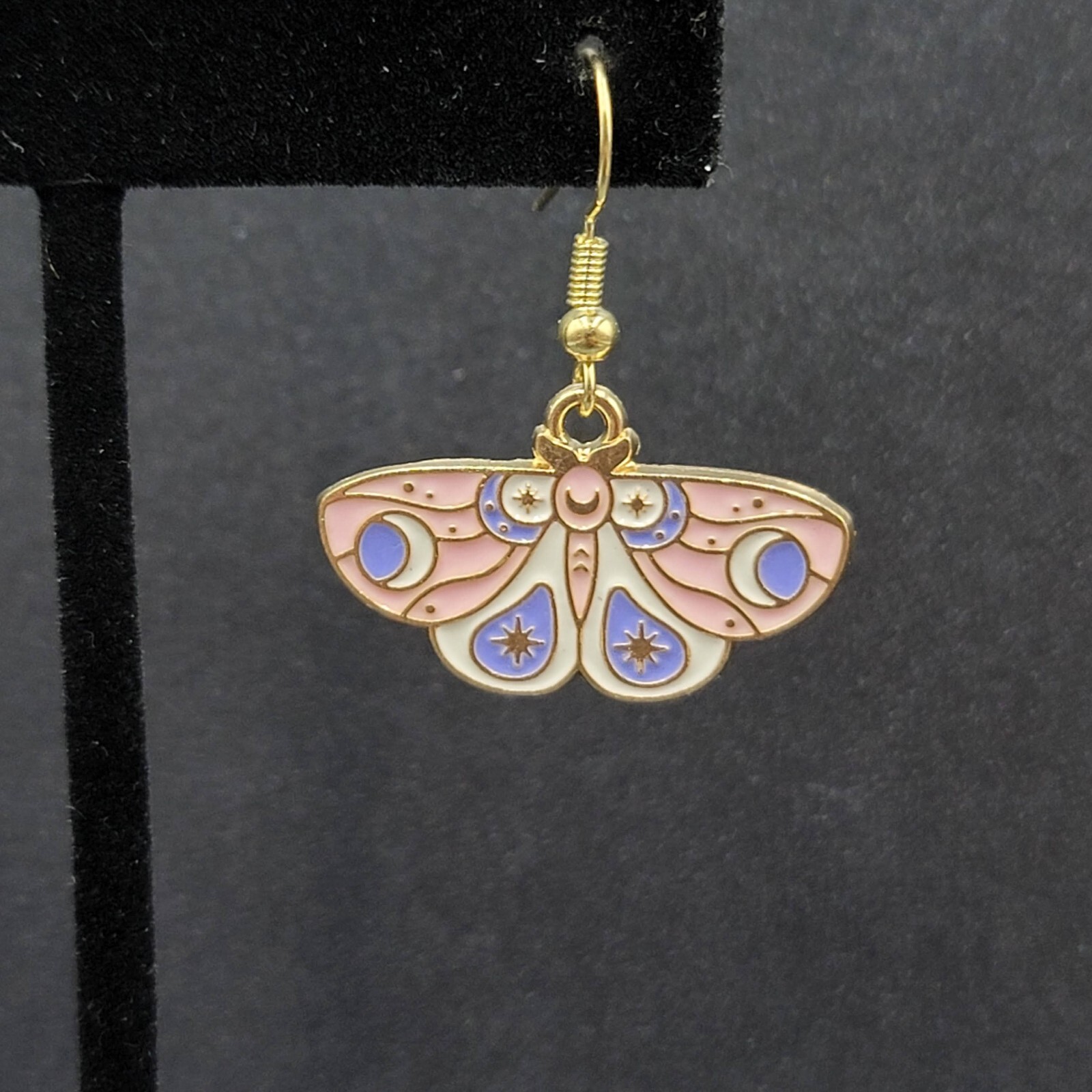 Moth Pierced Earrings Gold tone Pink Purple White Enamel Dangle 5/8″