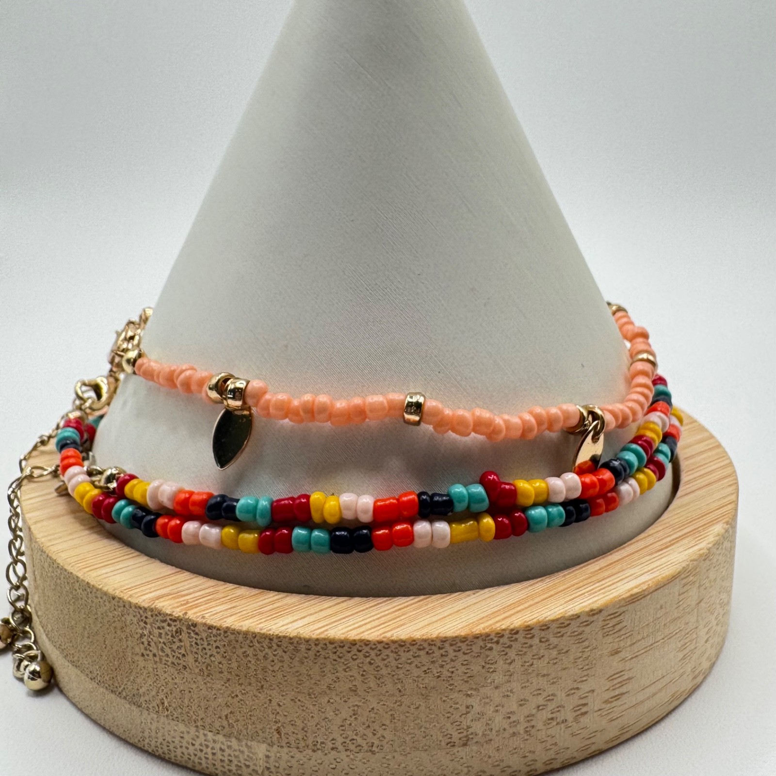 Boho Seed Bead Anklet Set (3pc) Gold Leaf Charm Multicolor Layered Beach Jewelry